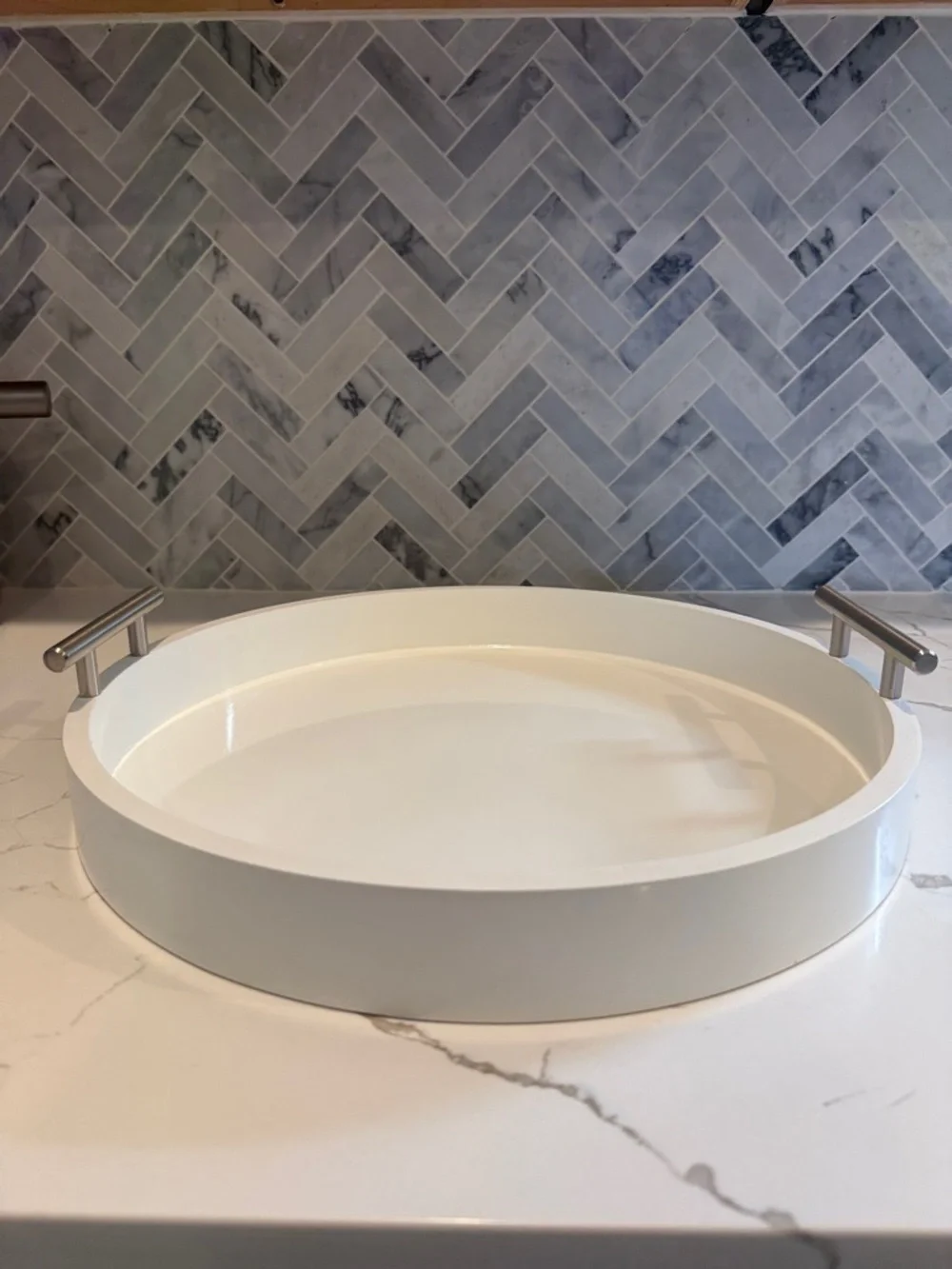 White Decorative Serving Tray with Silver Handles